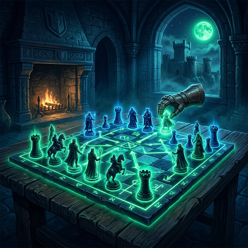 Medieval chess strategy game with glowing tactical board