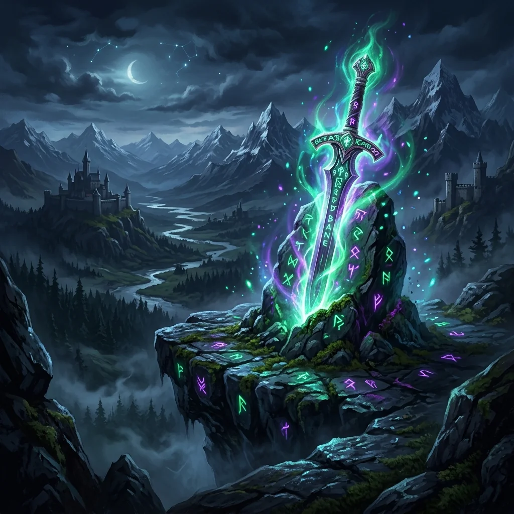 Epic RPG adventure with enchanted sword on mystical cliff