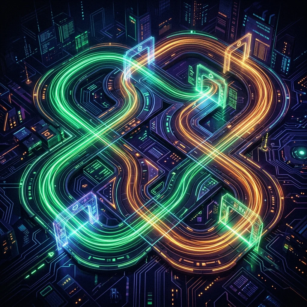 Futuristic neon racing track with glowing speed trails