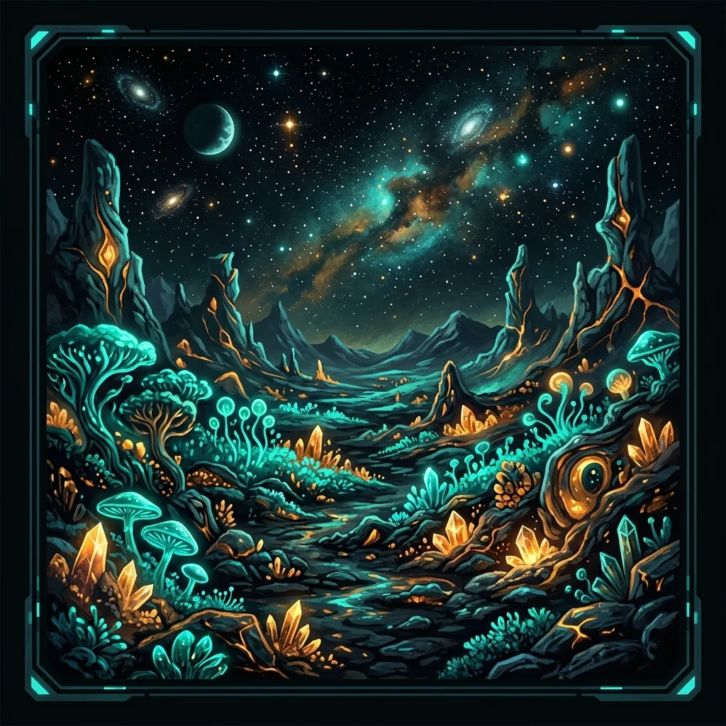 Alien planet with bioluminescent flora and crystals