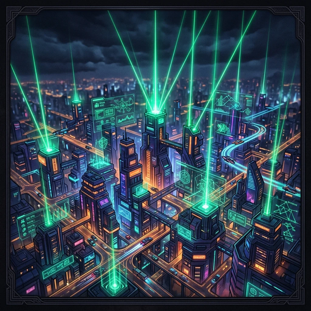 Futuristic neon city building simulation with holographic overlays