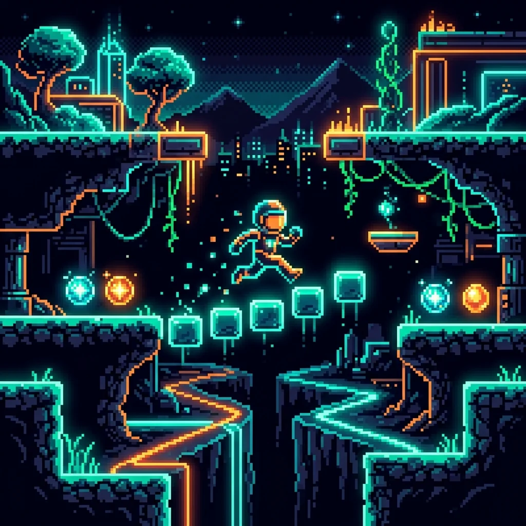 Retro pixel arcade game world with neon platforms and collectibles