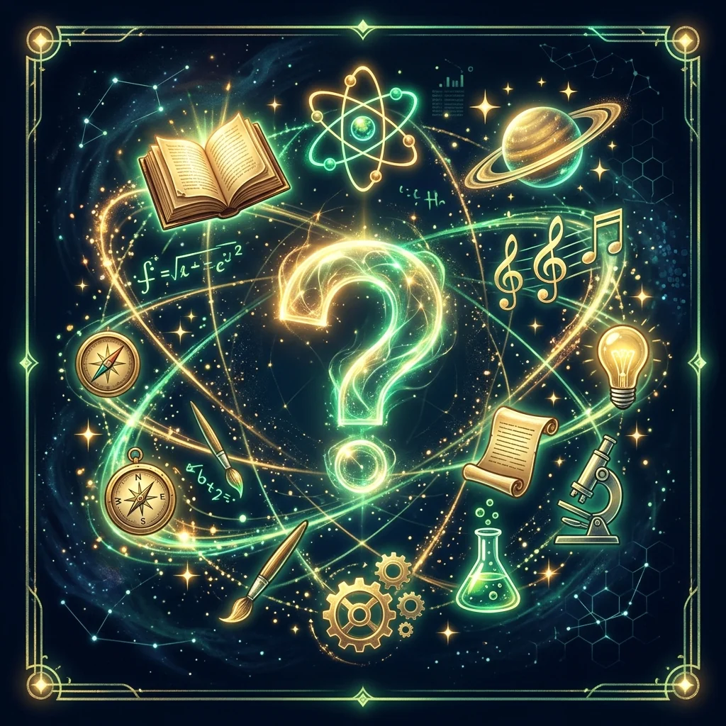 Trivia knowledge quiz with glowing question mark and knowledge symbols